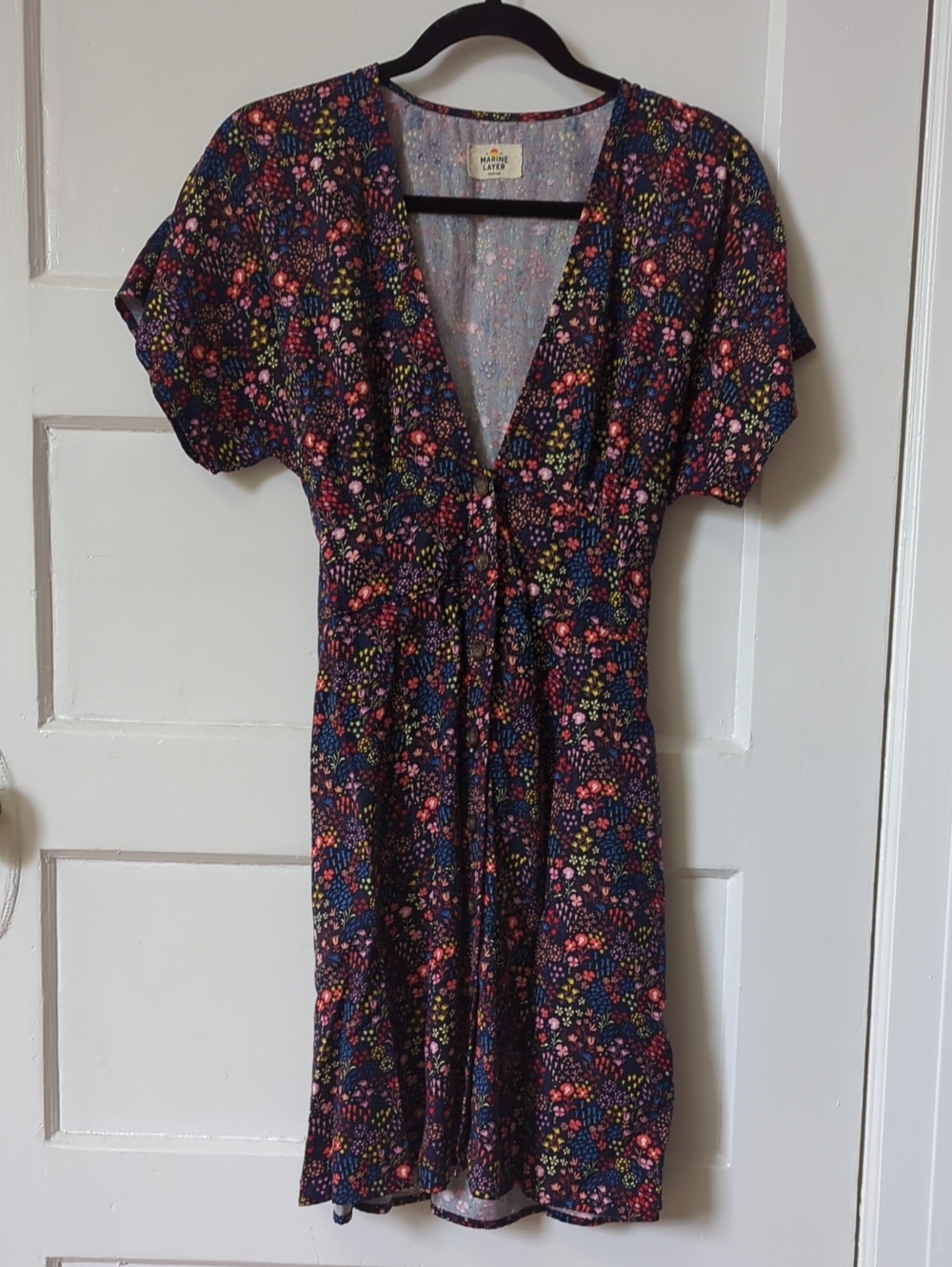 Marine Layer Navy Floral Dress with Pink, Red, Green, Yellow Accents